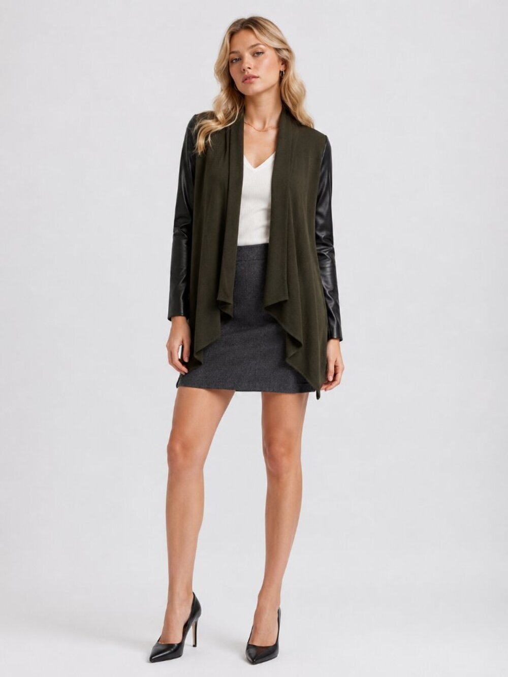 2/$30 ZARA Drapey Open Cardigan Olive Green S Black Faux Leather #5504